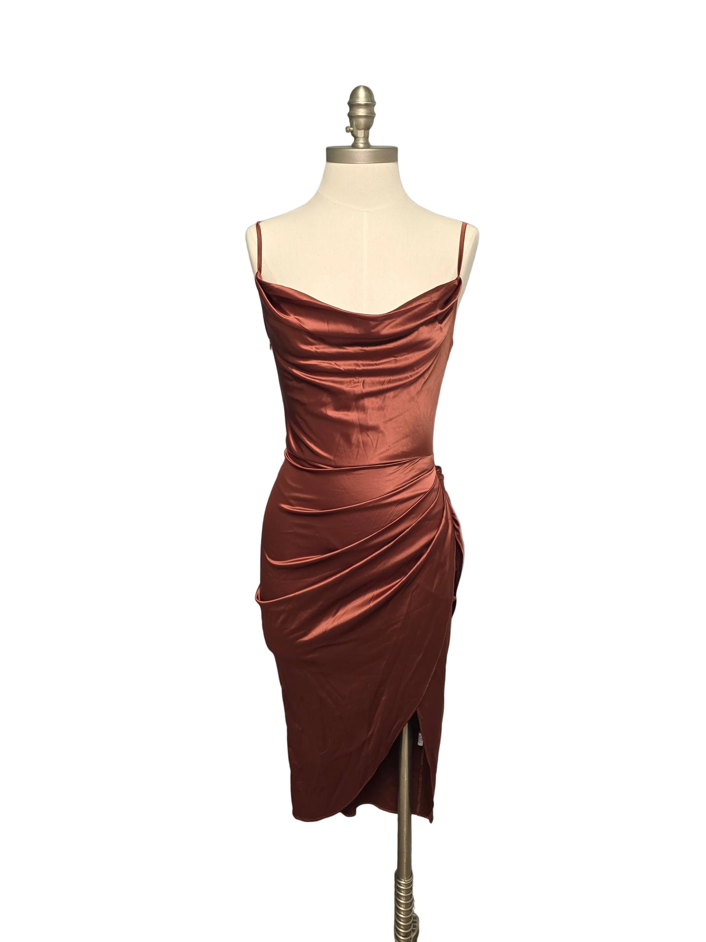 Formal Bronze Satin Midi Dress Small