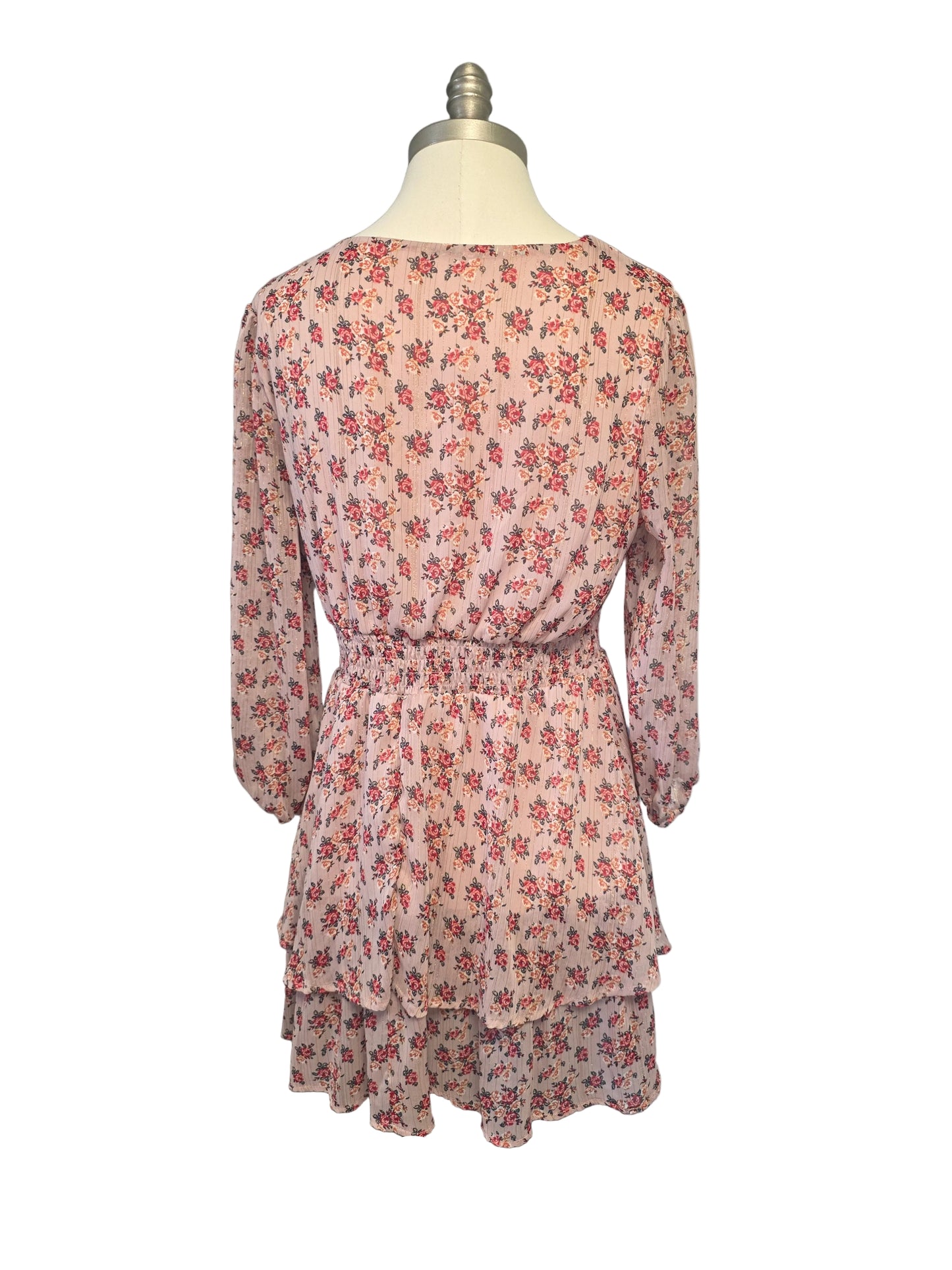Dusty Pink Floral Silky Layered Mini Dress Long Sleeve Large