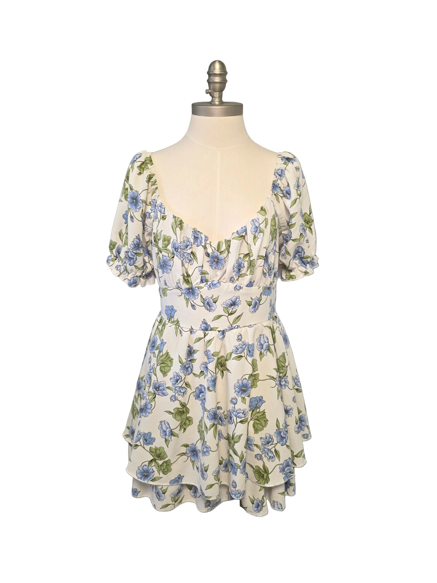XL White and Blue Floral Satin Flowy Mini Dress Romper