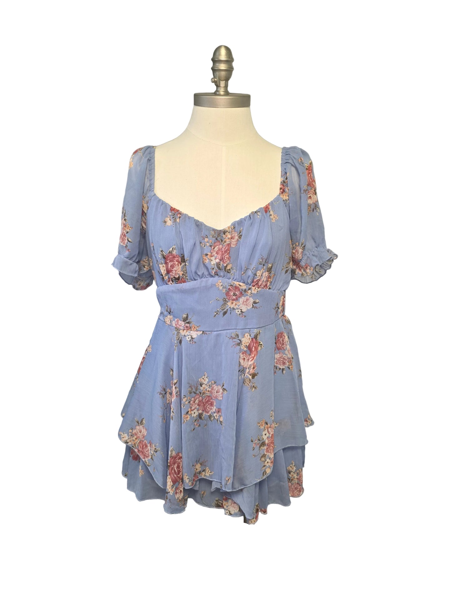 Blue and Pink Floral Silky Layered Romper Dress Large
