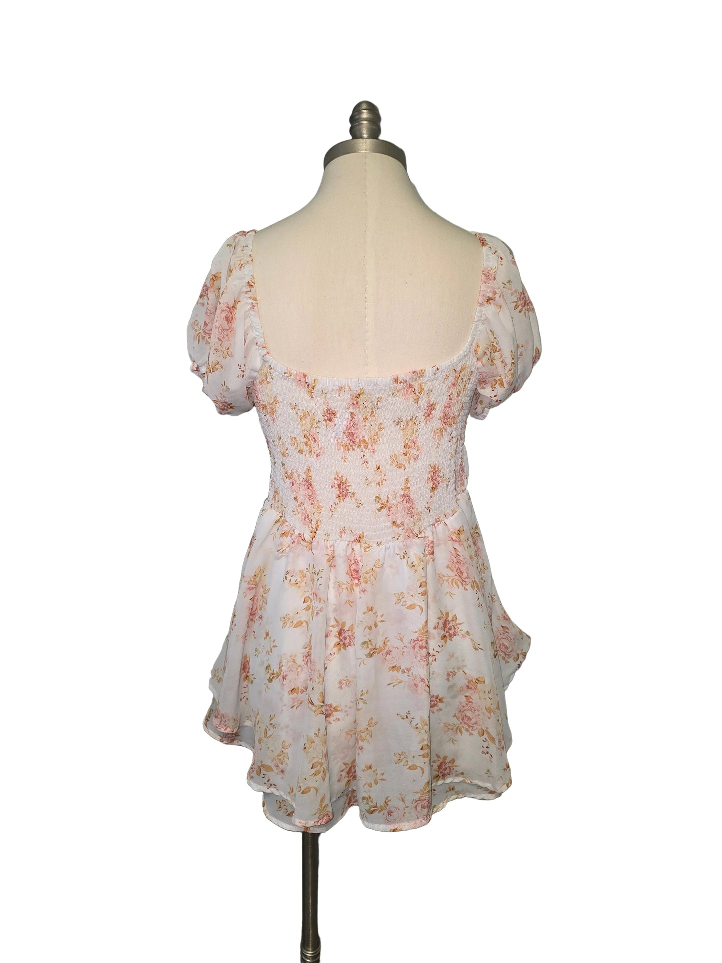 White and Pink Floral Silky Layered Romper Dress Large