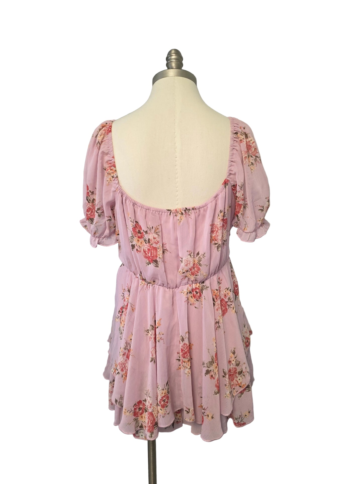 XL Pink Satin Floral Romper Dress