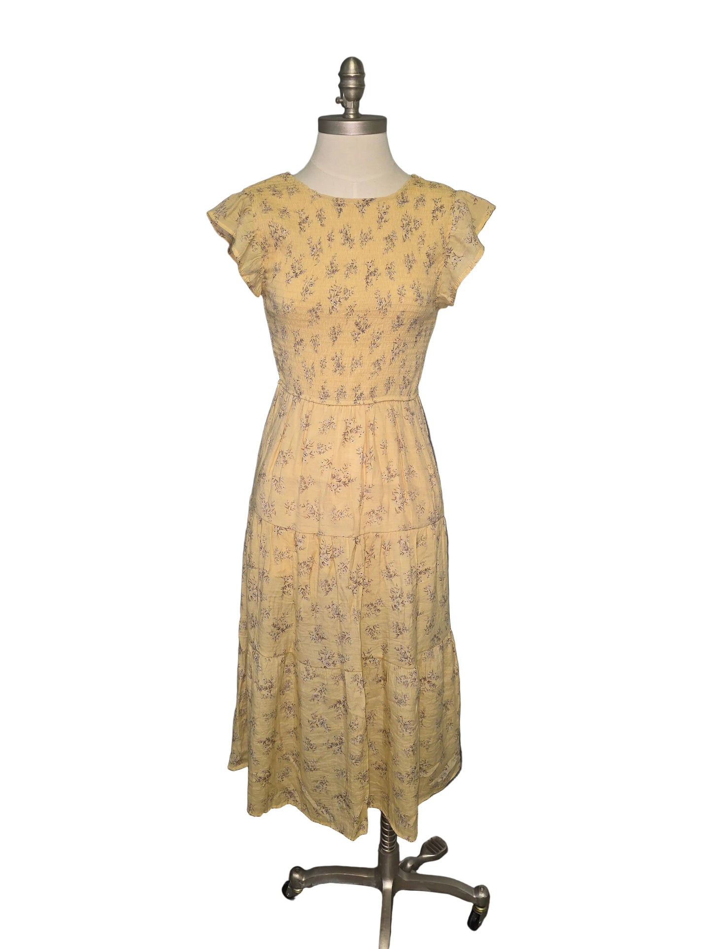 Yellow Linen Floral Flowy Midi Dress Small