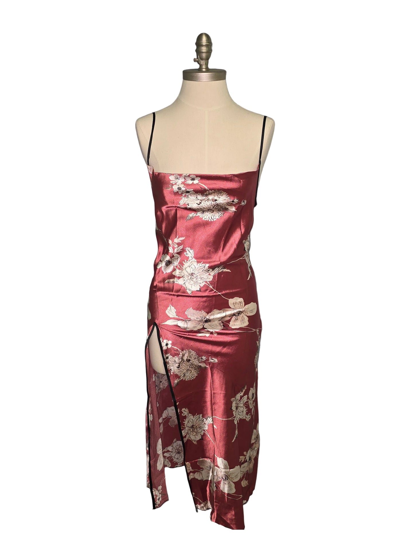 Pink Satin Floral Midi Dress with Slit Medium