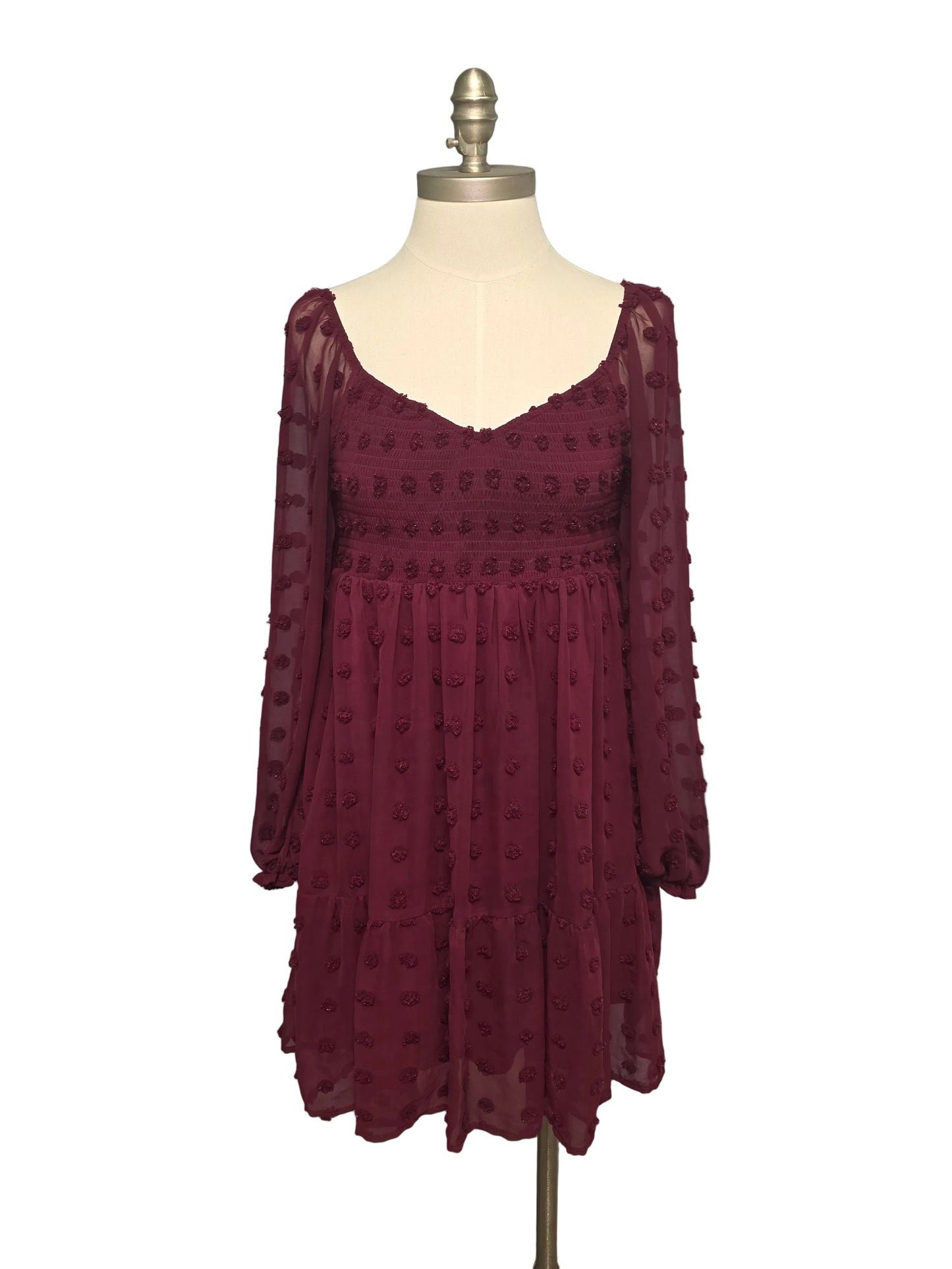 Burgundy Silky Long Sleeved Textured Mini Dress Large