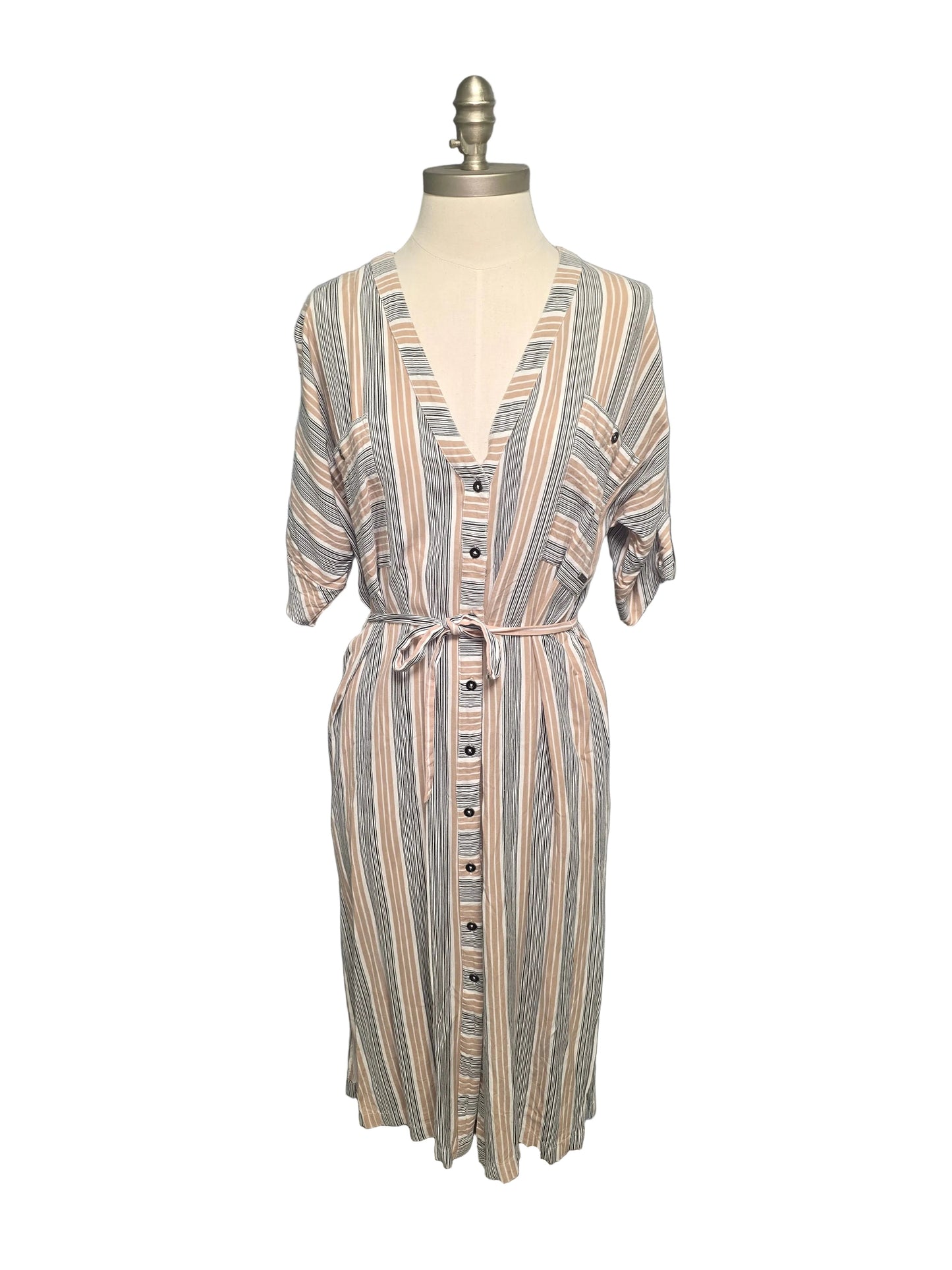Beige Striped Button Up Midi Length Dress