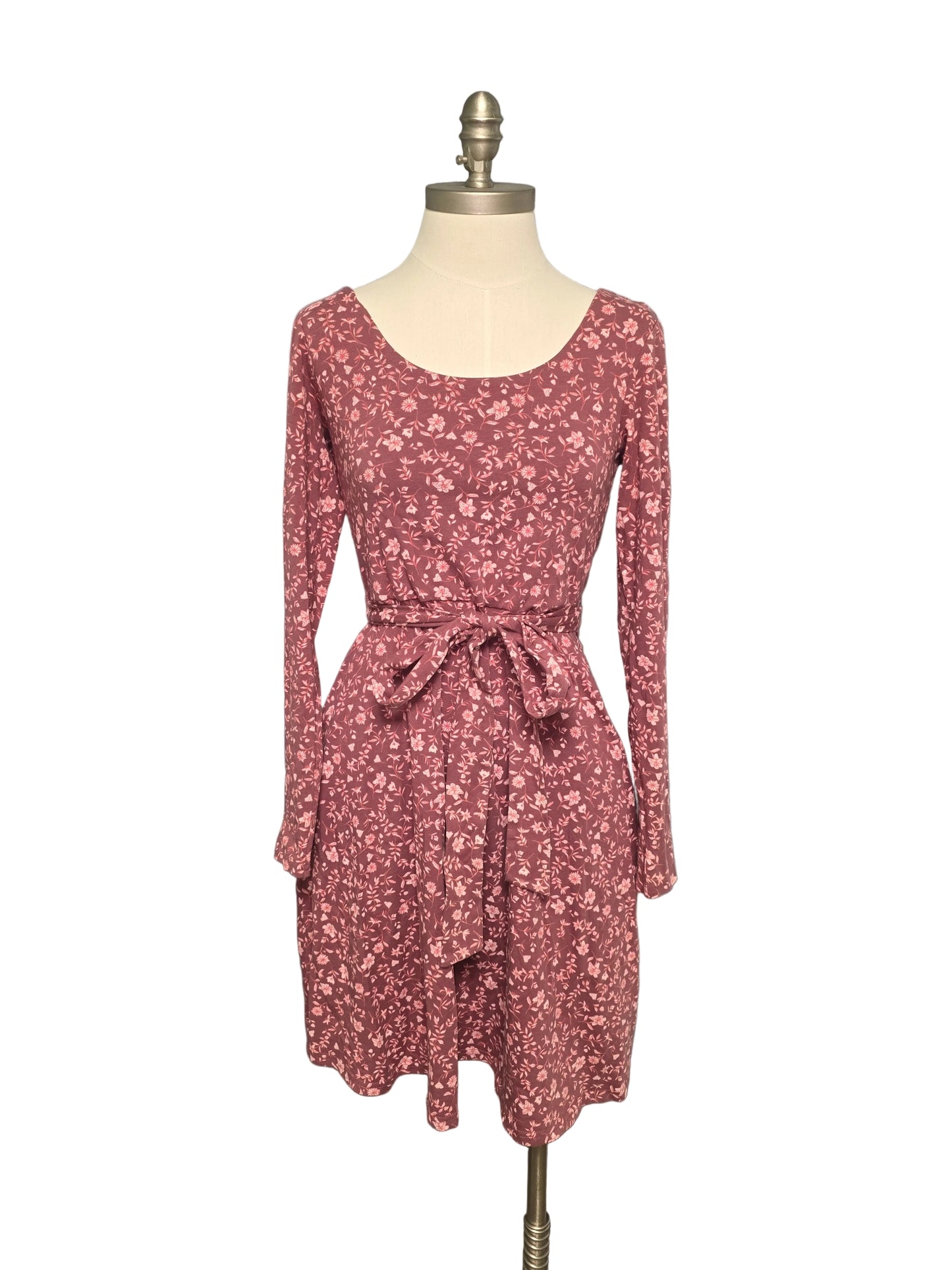 Pink Floral Knee Length Dress with Tie Belt Long Sleeve
