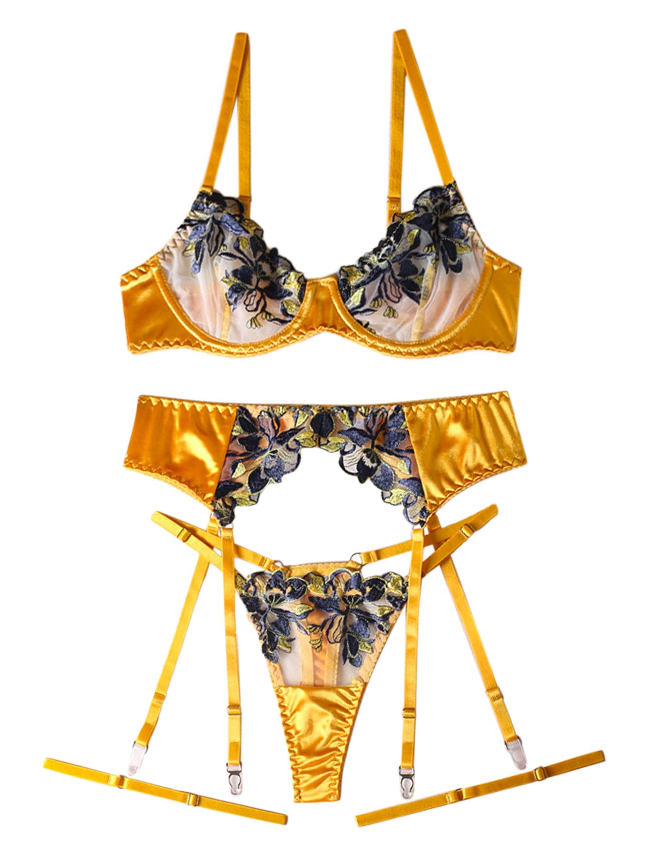 Yellow and Black Lingerie 3 Piece Set Medium