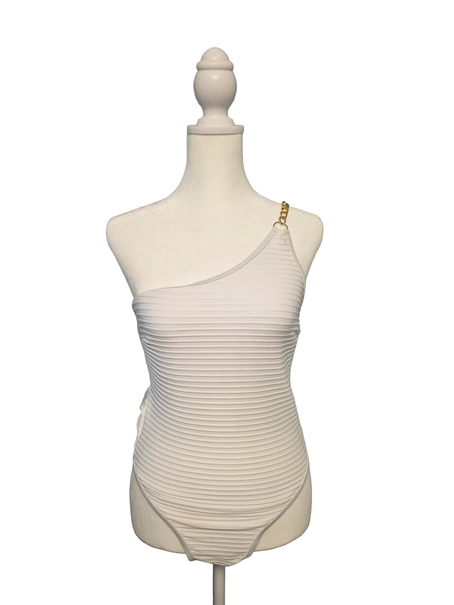 White Ribbed One Sleeve Swimsuit One Piece Medium
