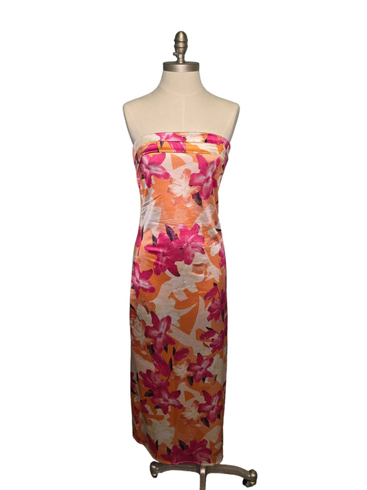 Orange and Pink Strapless Floral Maxi Dress Medium