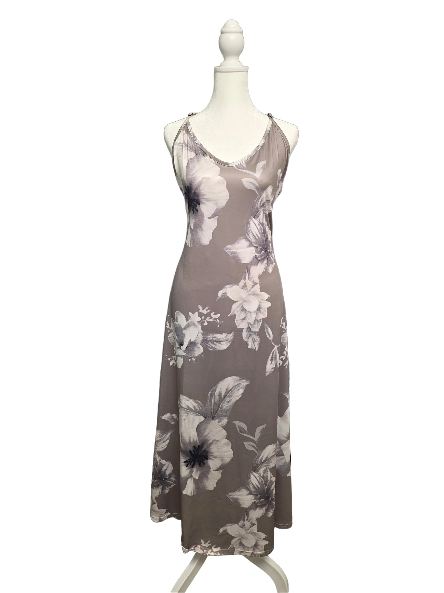 XL Grey Floral Midi Dress Stretchy