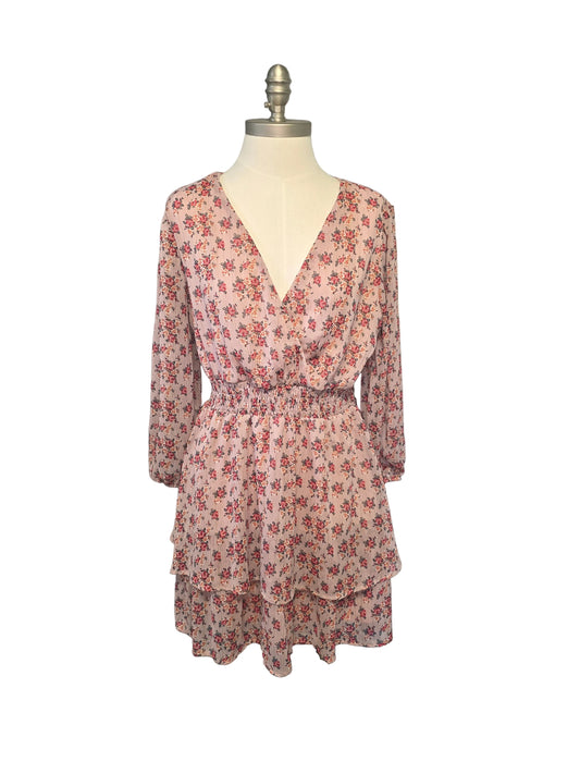 Dusty Pink Floral Silky Layered Mini Dress Long Sleeve Large