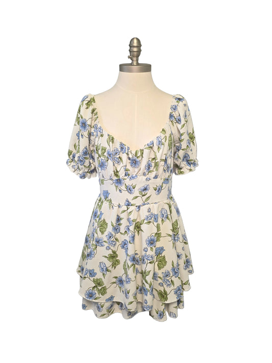 XL White and Blue Floral Satin Flowy Mini Dress Romper