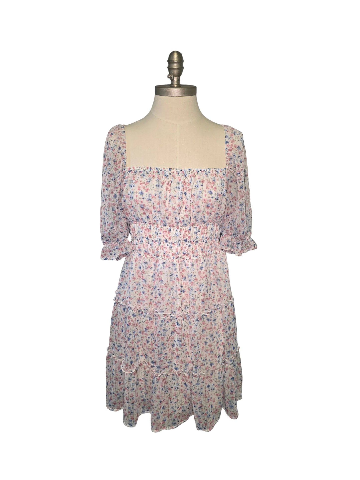 Blue Pink and White Floral Satin Mini Dress Large