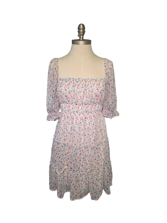 Blue Pink and White Floral Satin Mini Dress Large
