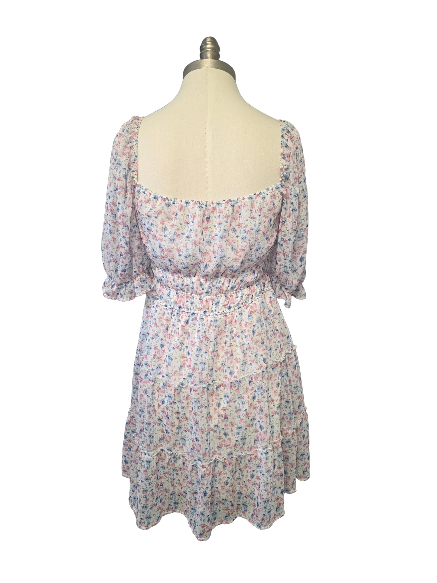 Blue Pink and White Floral Satin Mini Dress Large