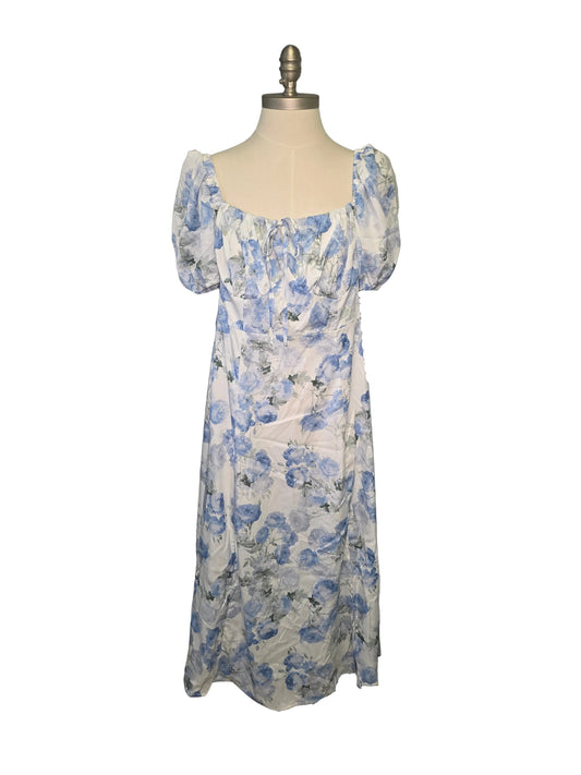 XL Blue and White Floral Silky Midi Dress