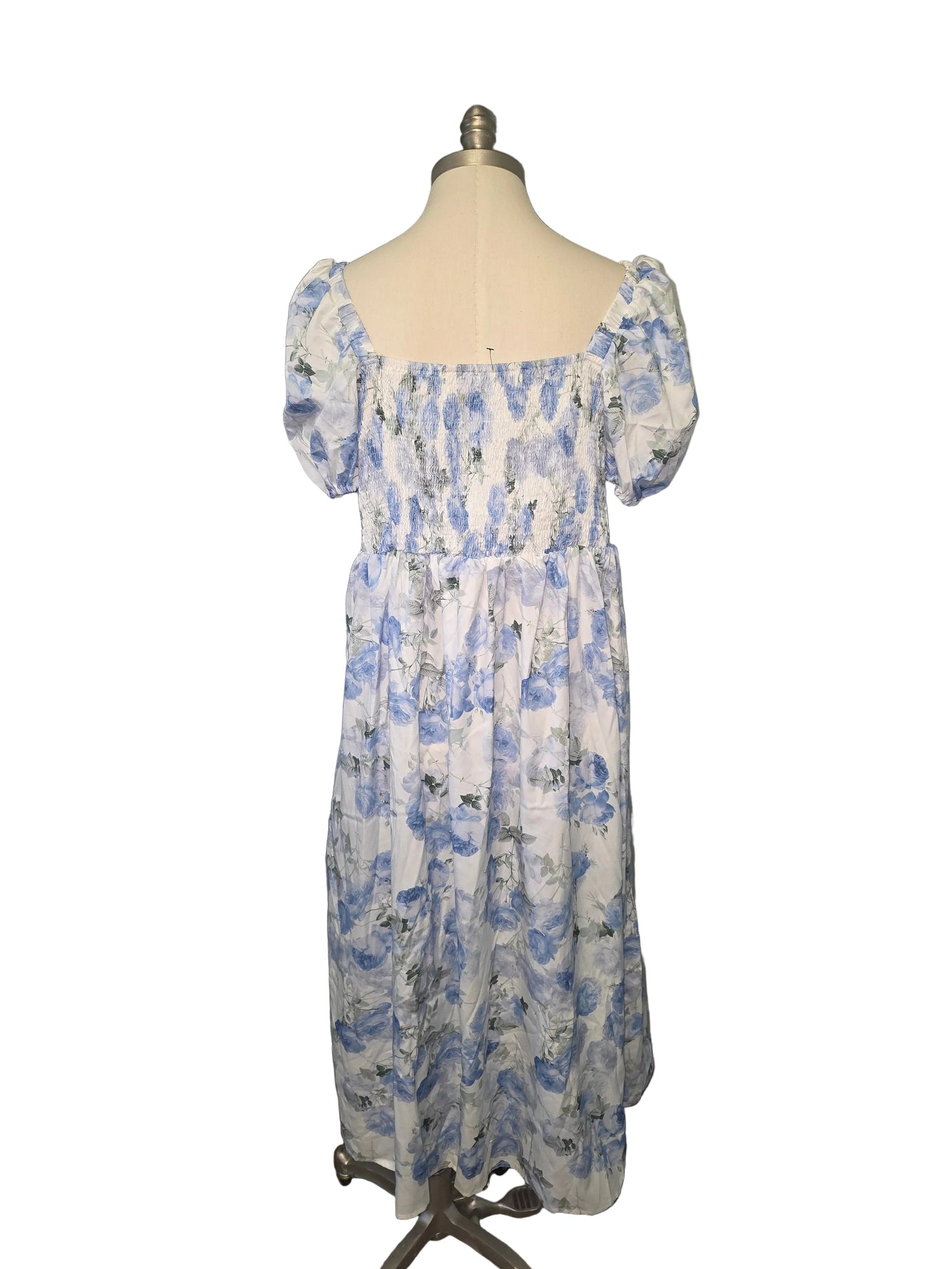 XL Blue and White Floral Silky Midi Dress