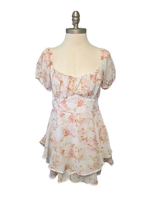 White and Pink Floral Silky Layered Romper Dress Large