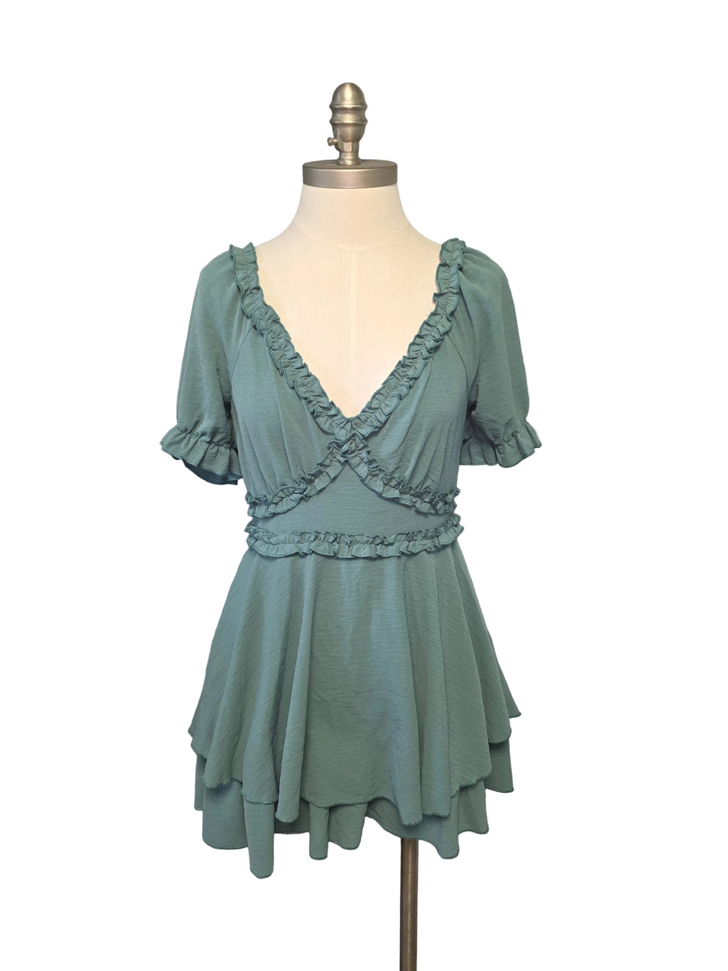 Sage Green Silky Layered Romper Dress Large