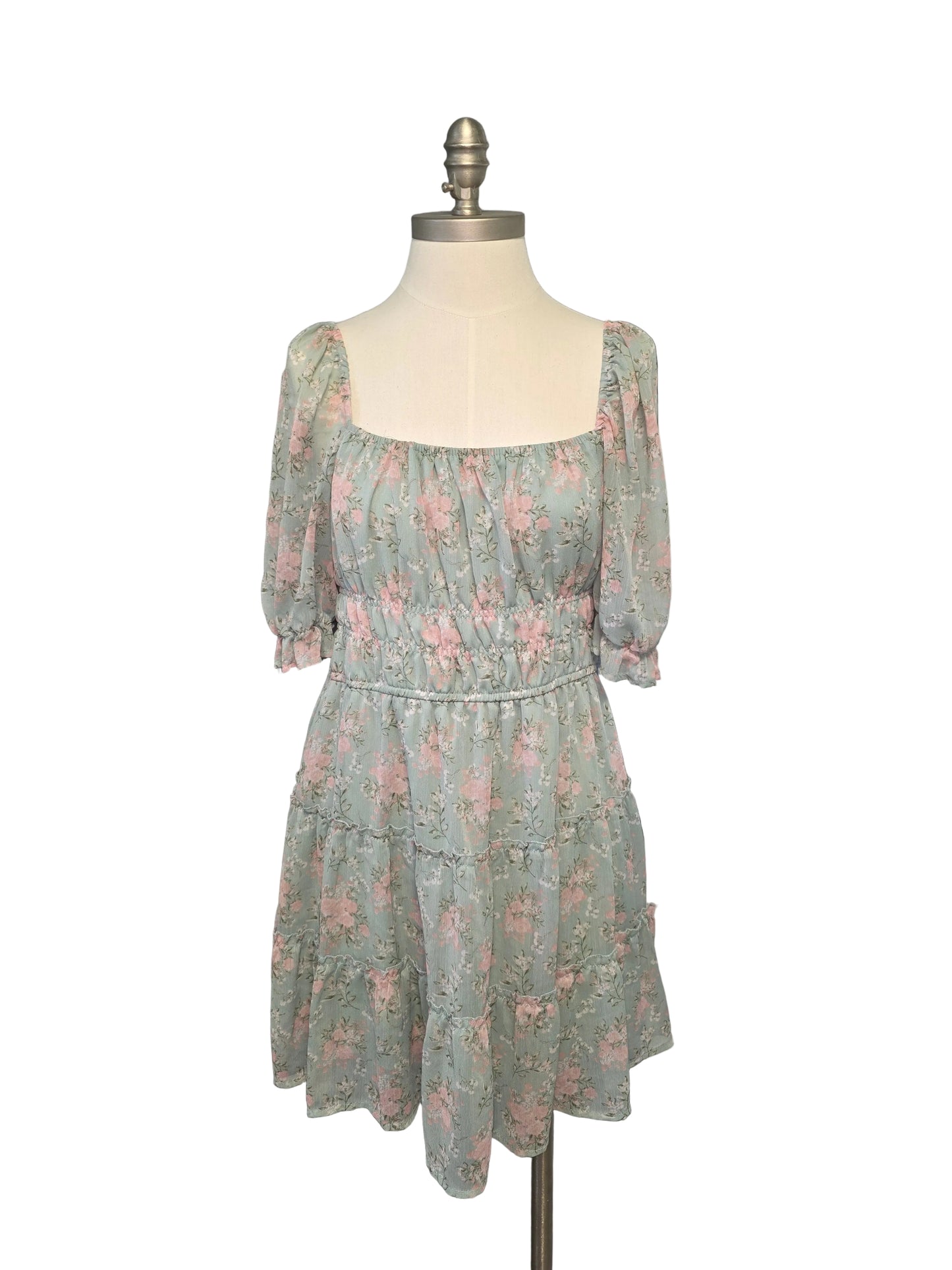 Large Green and Pink Satin Floral Mini Dress