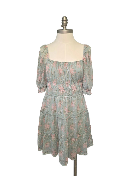 Large Green and Pink Satin Floral Mini Dress