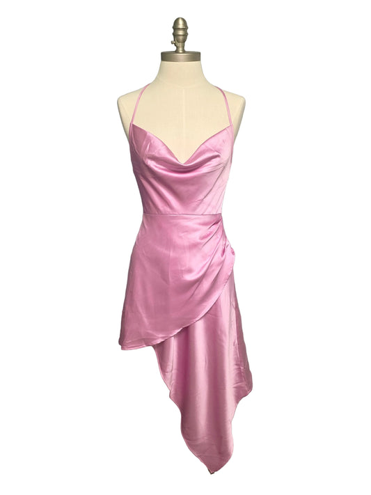 Pink Satin Asymmetrical Mini Dress Formal Small