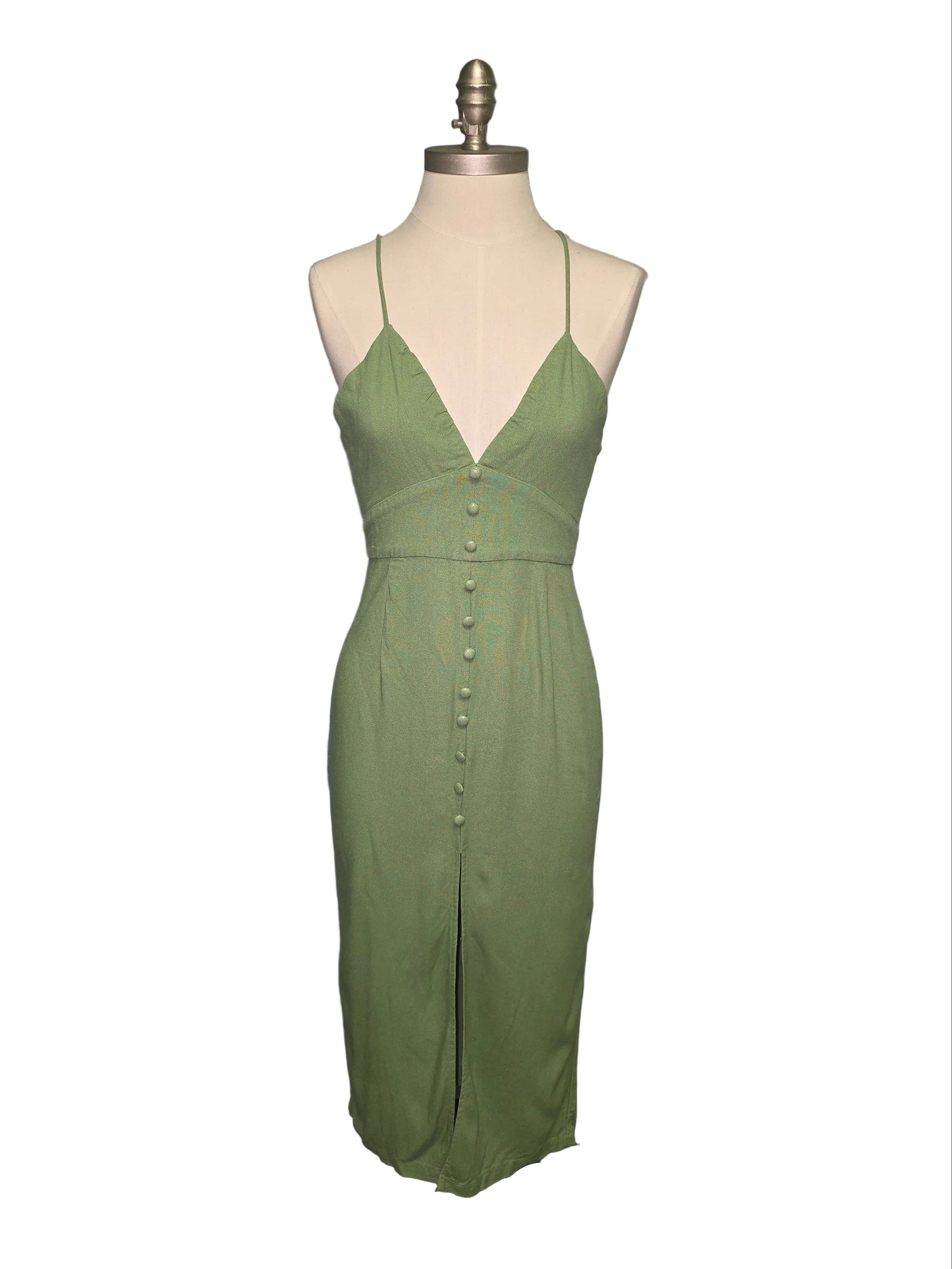 Sage Green Midi Dress with Slit Open-Back Small