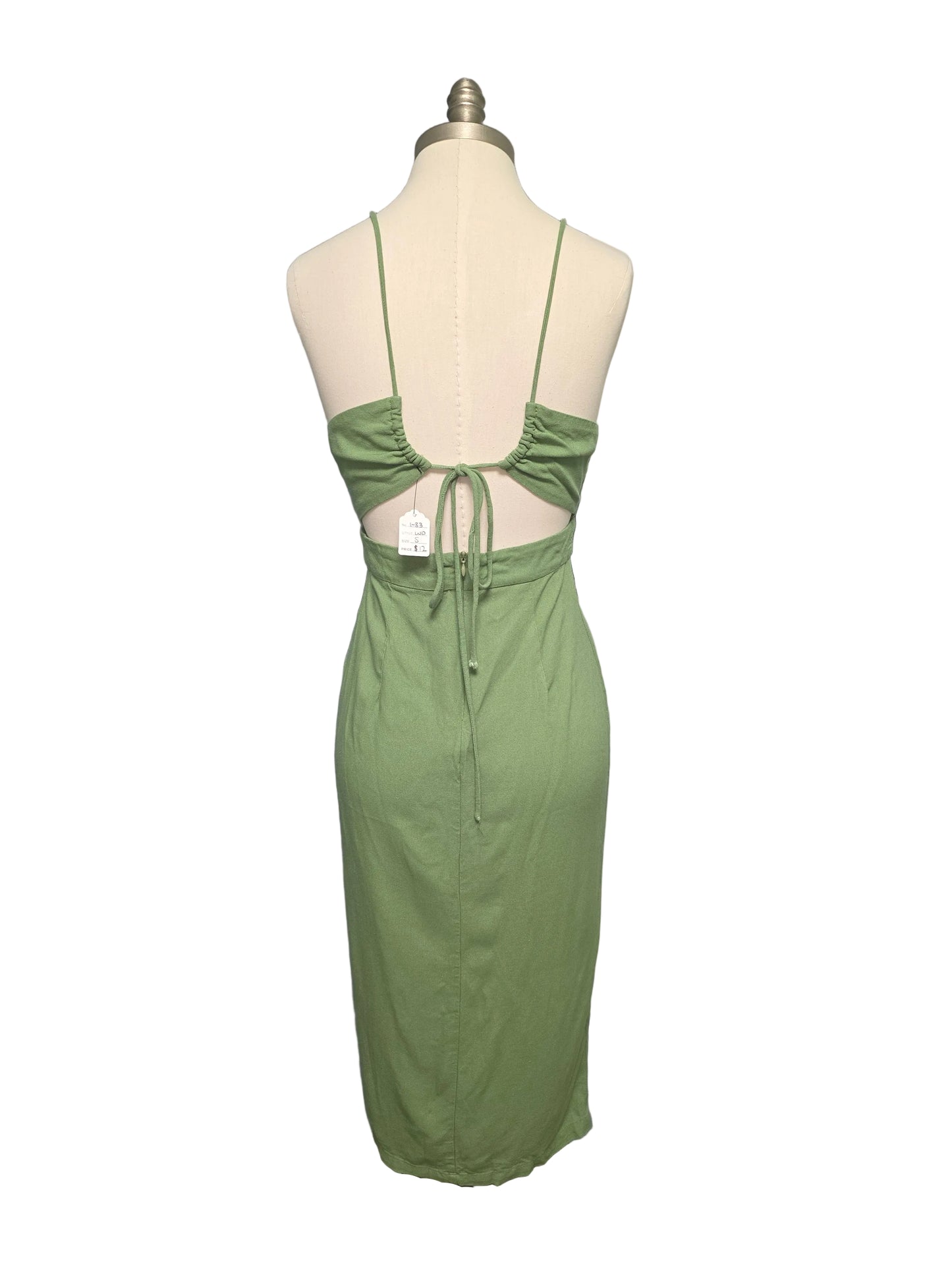 Sage Green Midi Dress with Slit Open-Back Small