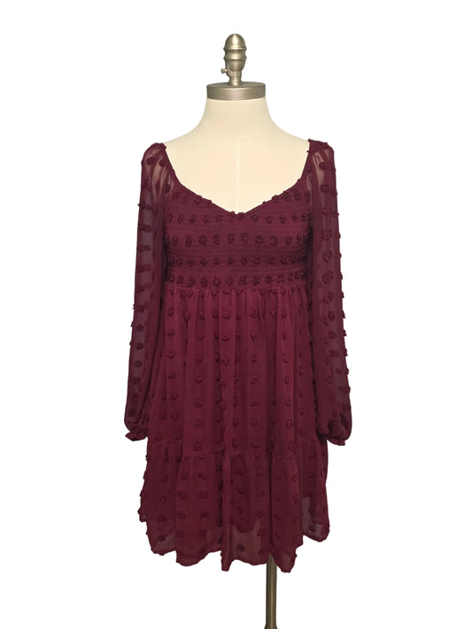 Burgundy Silky Long Sleeved Textured Mini Dress Large