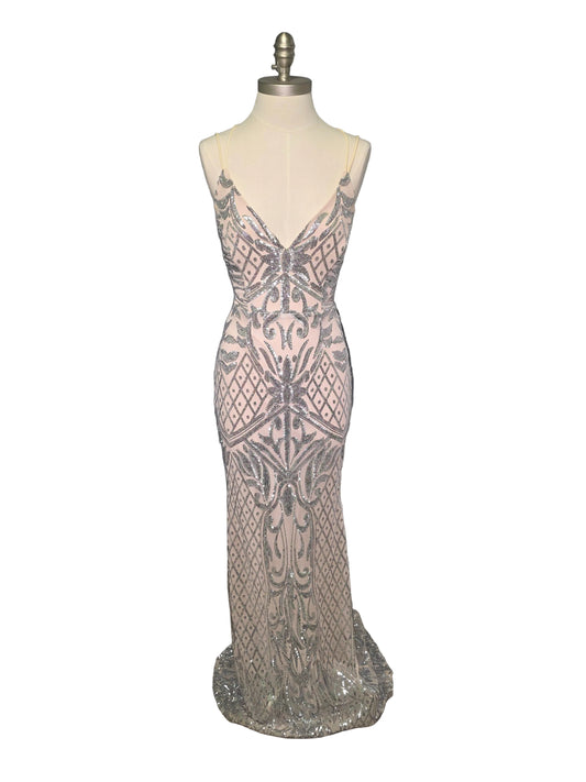Tan Sequin Ballgown Maxi Dress Small / Medium Open-back