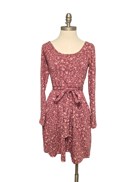 Pink Floral Knee Length Dress with Tie Belt Long Sleeve