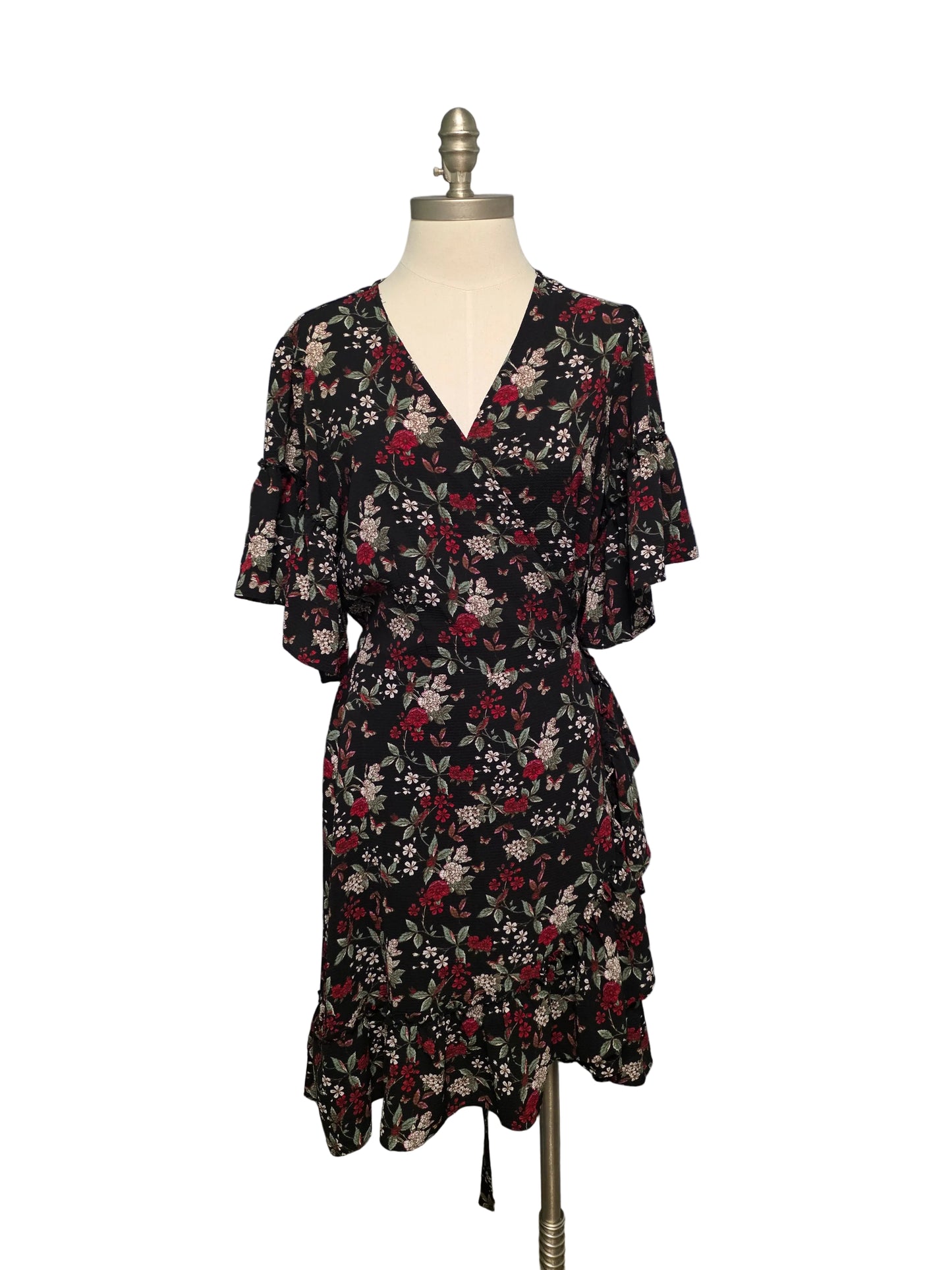 Large Satin Ruffle Knee Length Floral Dress