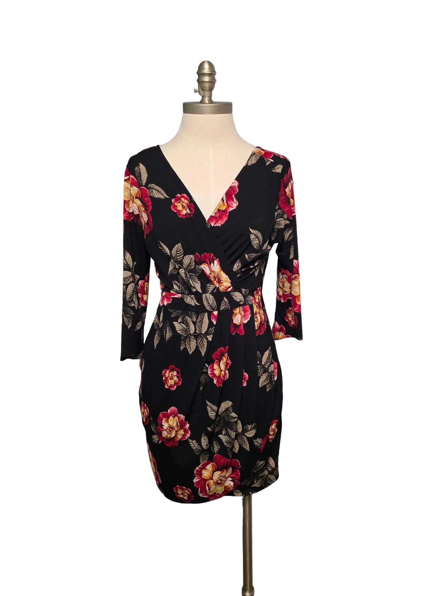 Large Black Floral Satin Mini Dress