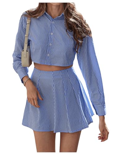 2 Piece Outfit Striped Long Sleeve Button Down Shirt and Pleated Mini Skirt Set