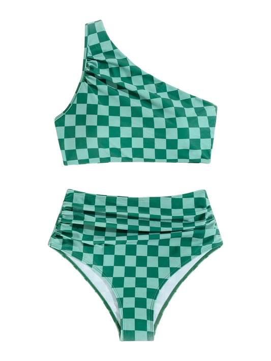 Green Checkered Two Piece Swimsuit Medium