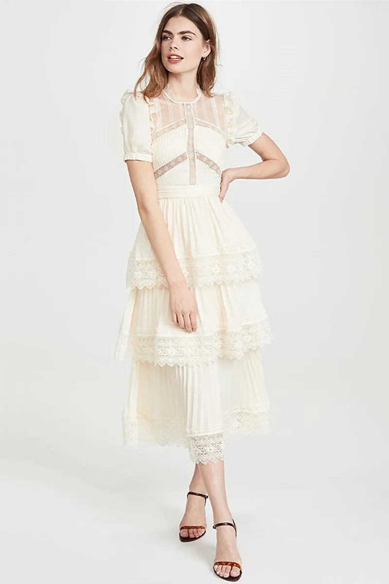 Ivory Lace Pleated Midi Dress Small