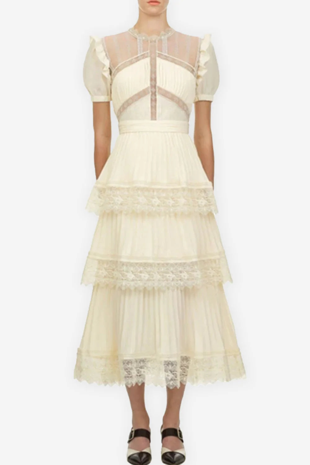 Ivory Lace Pleated Midi Dress Small